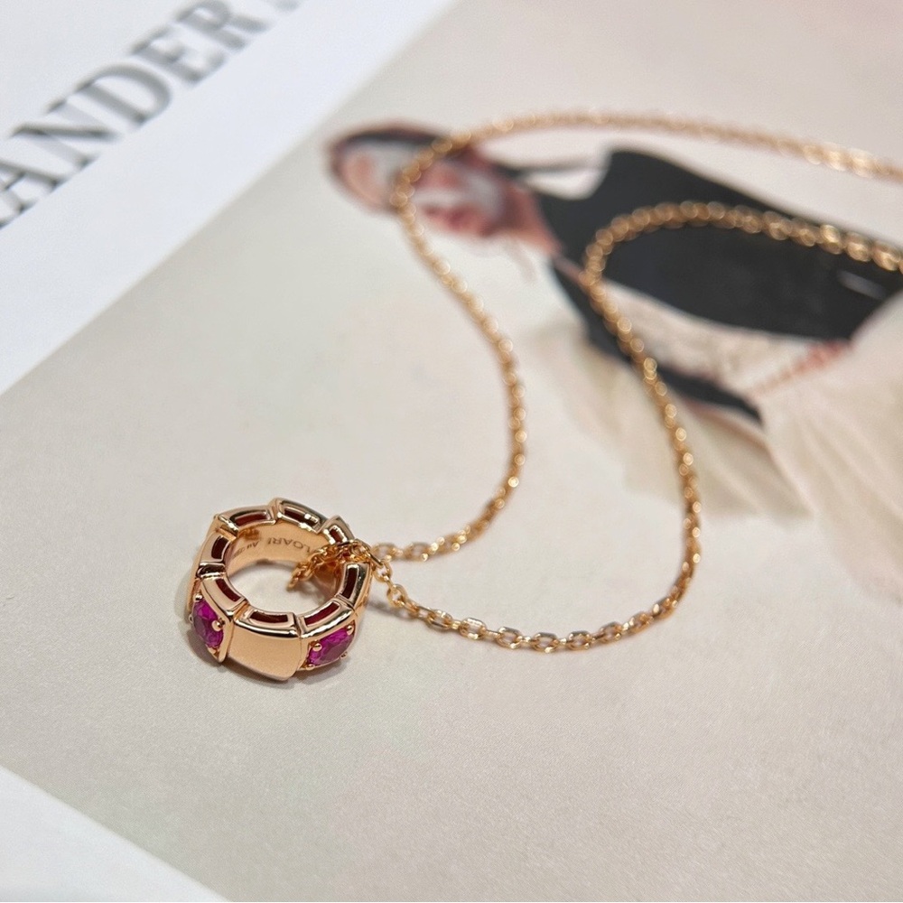 Bulgari Rose Gold Necklace with Red Pendant and Chain Detail - Picture 7 of 8
